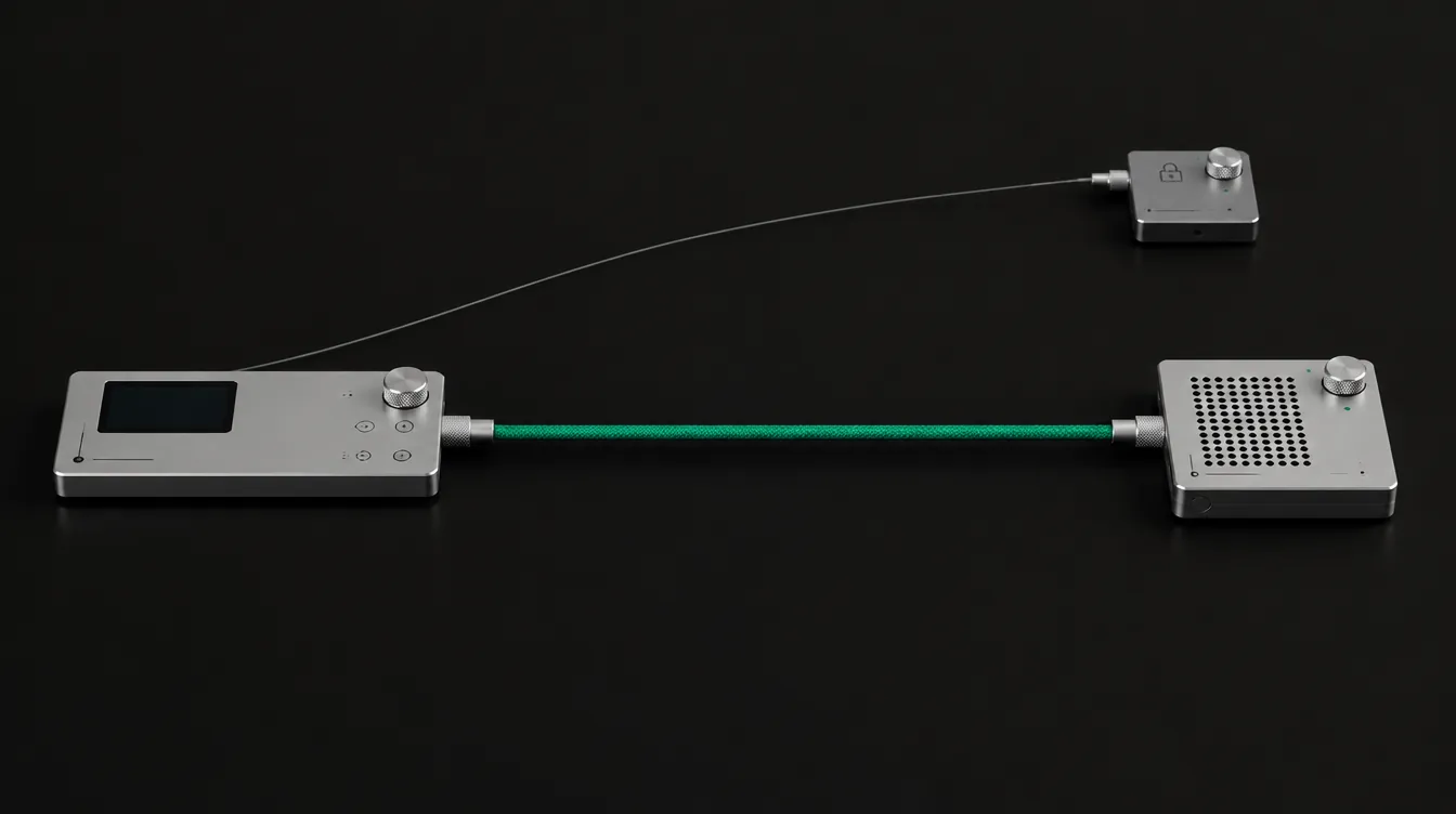 Two aluminium devices joined directly by a green cable, with a small padlocked box off to the side on a thin grey wire, outside the cable's path