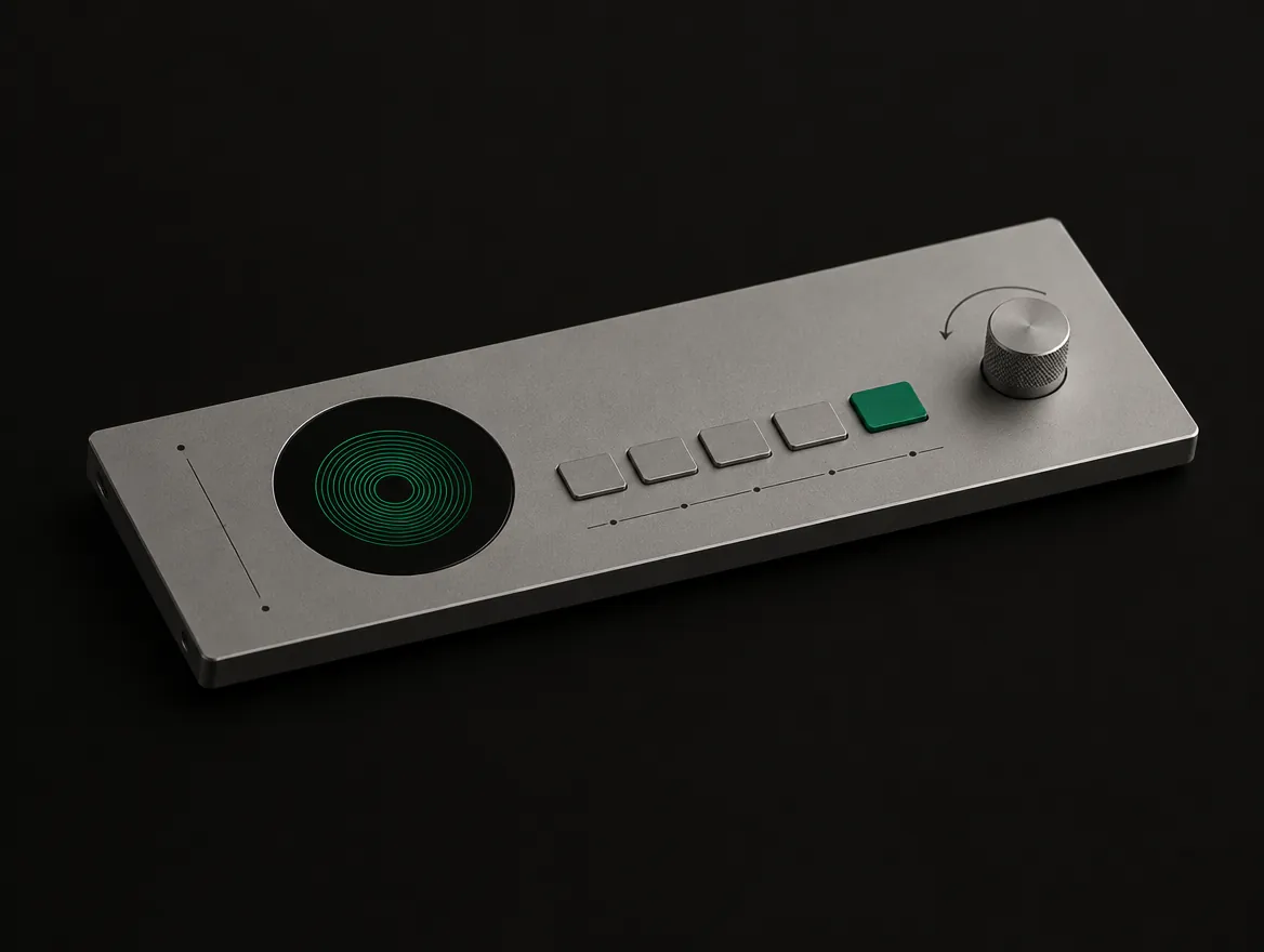 A thin aluminium console with a small screen and an emerald key