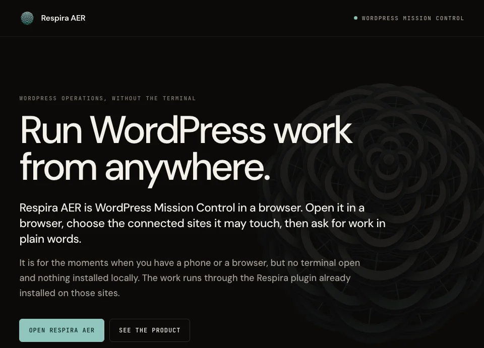 The page built by AER: the source design rendered in warm near-black with the headline Run WordPress work from anywhere, its original typography, controls and product image.