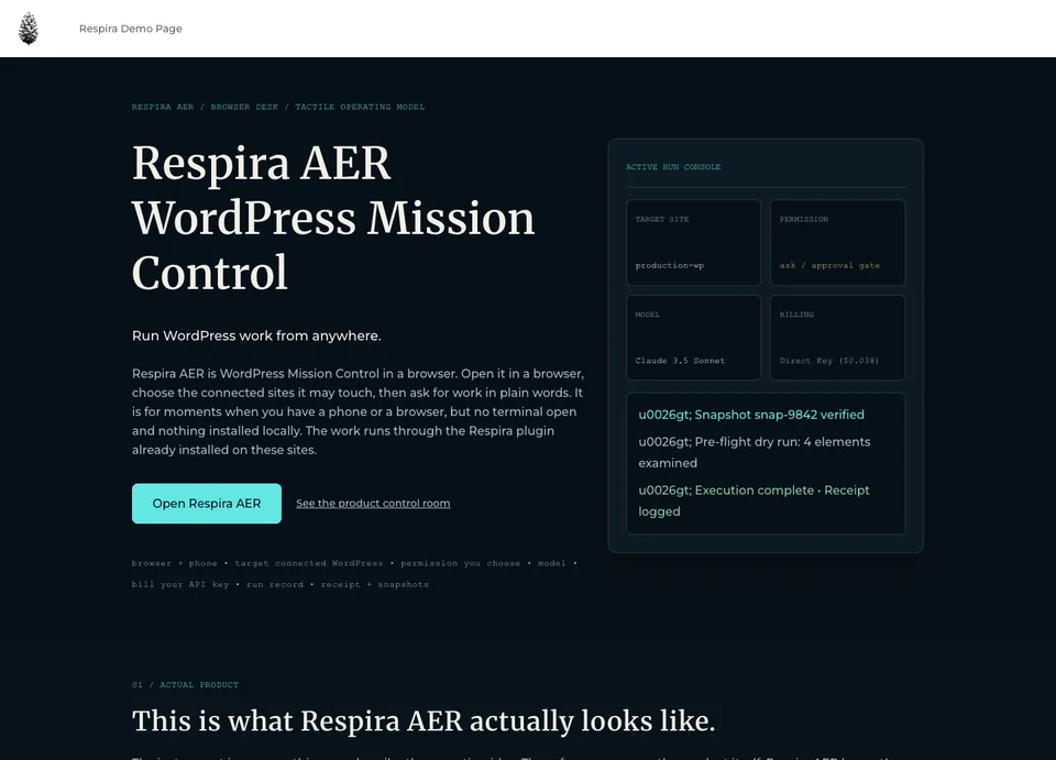 The page built by Divi AI: a navy page in Montserrat with a serif headline reading Respira AER WordPress Mission Control, and no pictures.