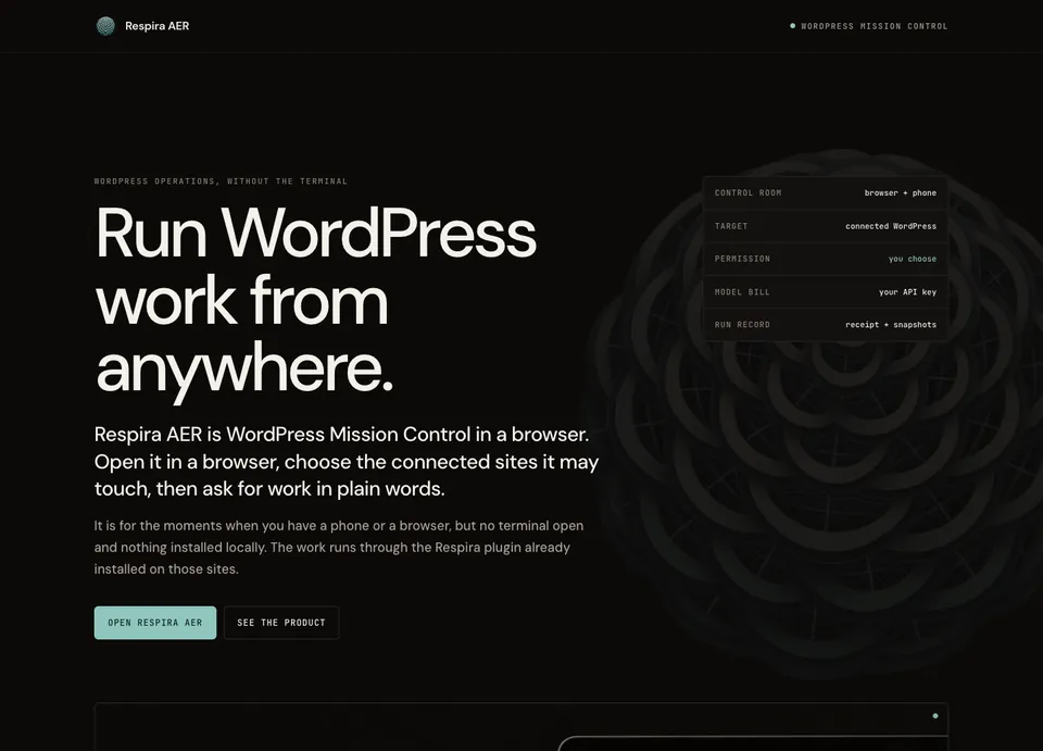 The reference page built by Claude Code through Respira MCP: the same warm near-black design with the original headline, layout and product imagery.