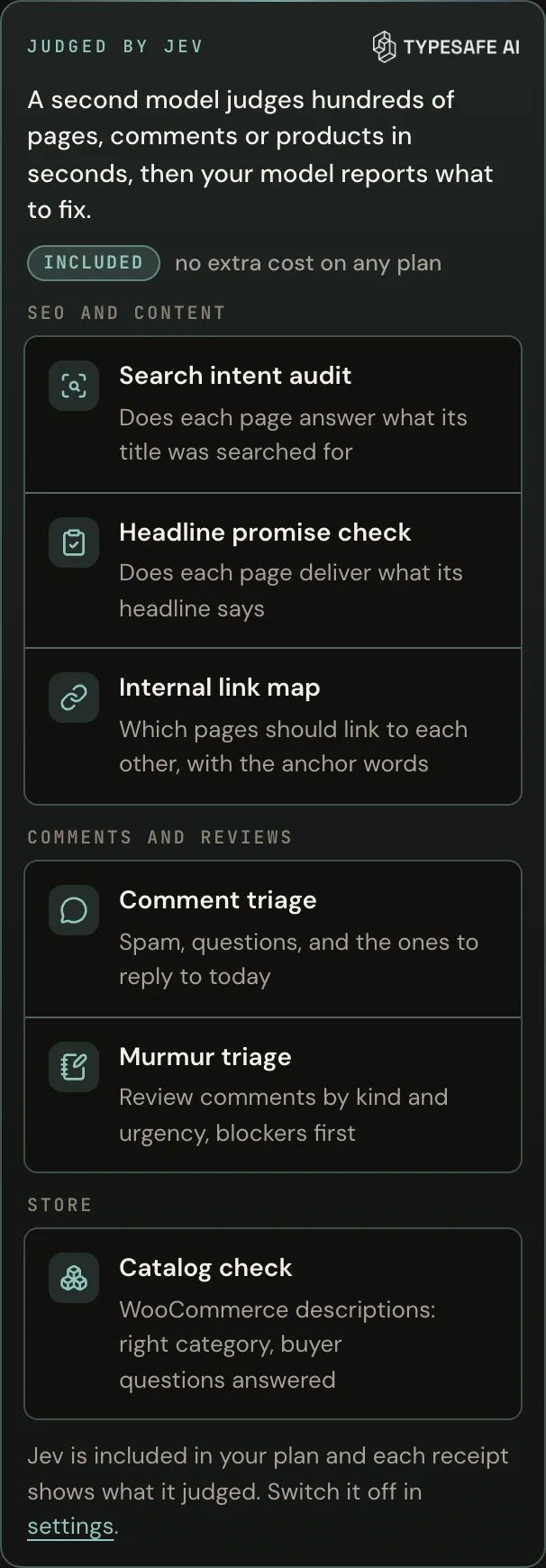 The Judged by Jev panel at the top of the Do tab in the AER inspector: the TypeSafe mark, an Included label, and the six passes grouped under SEO and content, Comments and reviews, and Store.