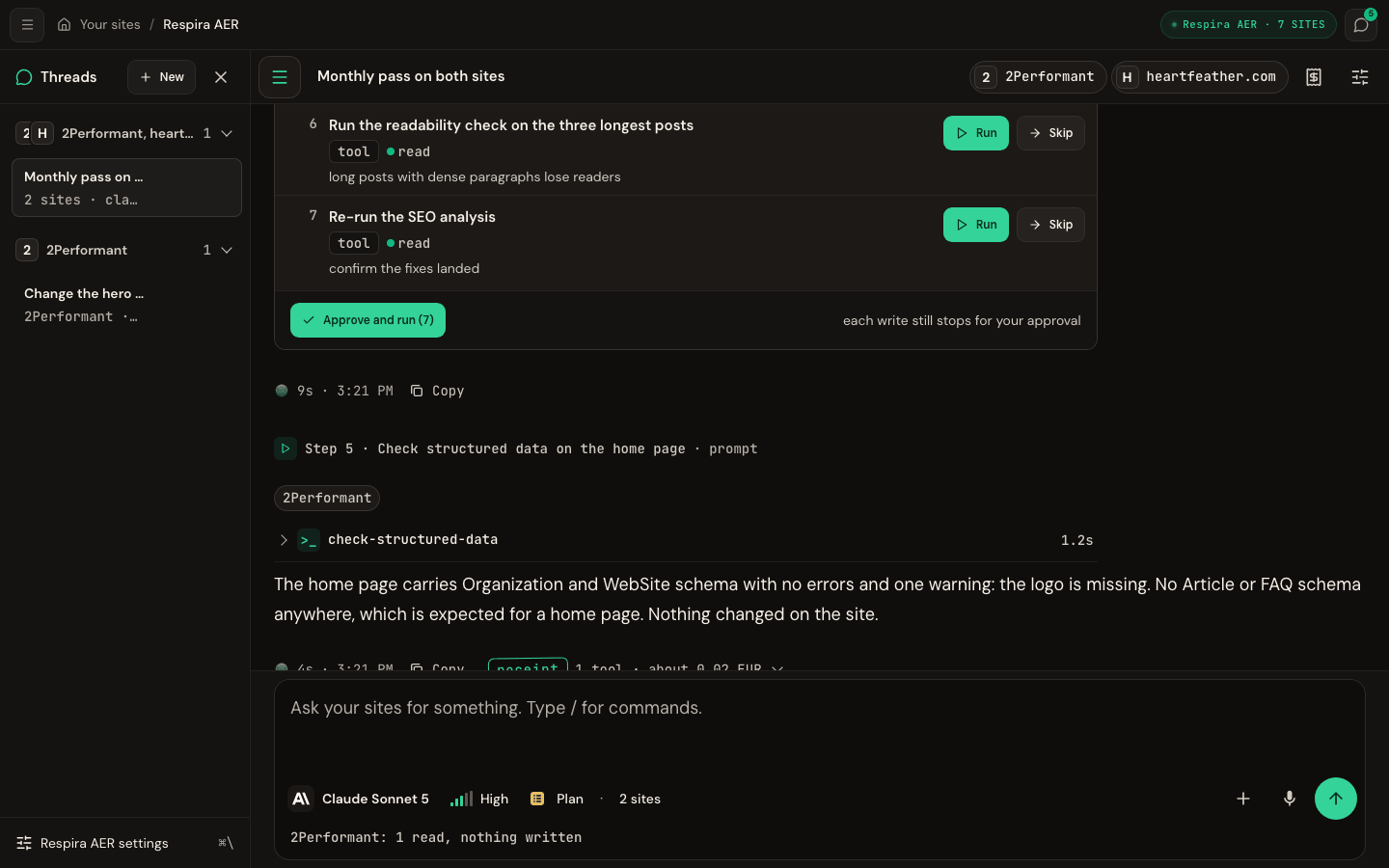 The real Respira AER desktop interface showing two selected WordPress sites, a seven-step plan awaiting approval, a structured-data check and the composer controls.