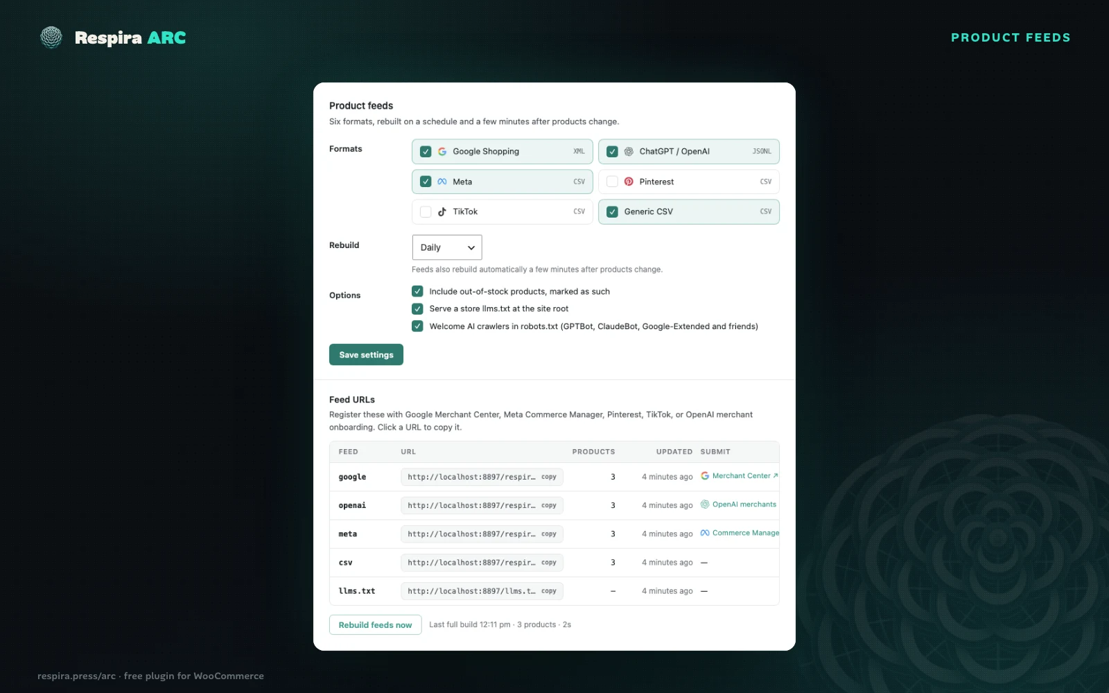Six product feeds with copyable URLs, product counts and last-build times