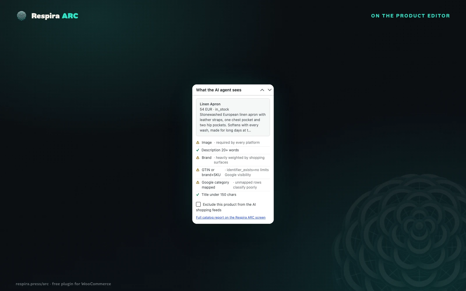 The what-the-AI-agent-sees readiness panel on the product editor