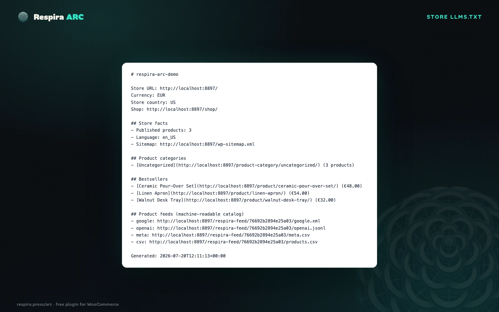 The store llms.txt served at the site root, readable by any AI assistant
