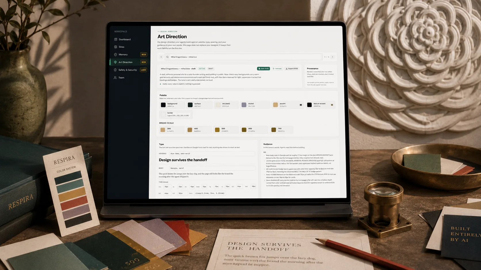 A laptop open on a warm plaster desk showing the Respira Art Direction dashboard, beside a brass loupe, a carved mandala relief, and stacked color swatch books