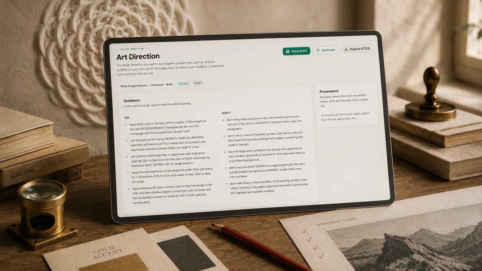 A drafting-table tablet showing the Art Direction guidance panel beside checked photograph prints and a brass loupe