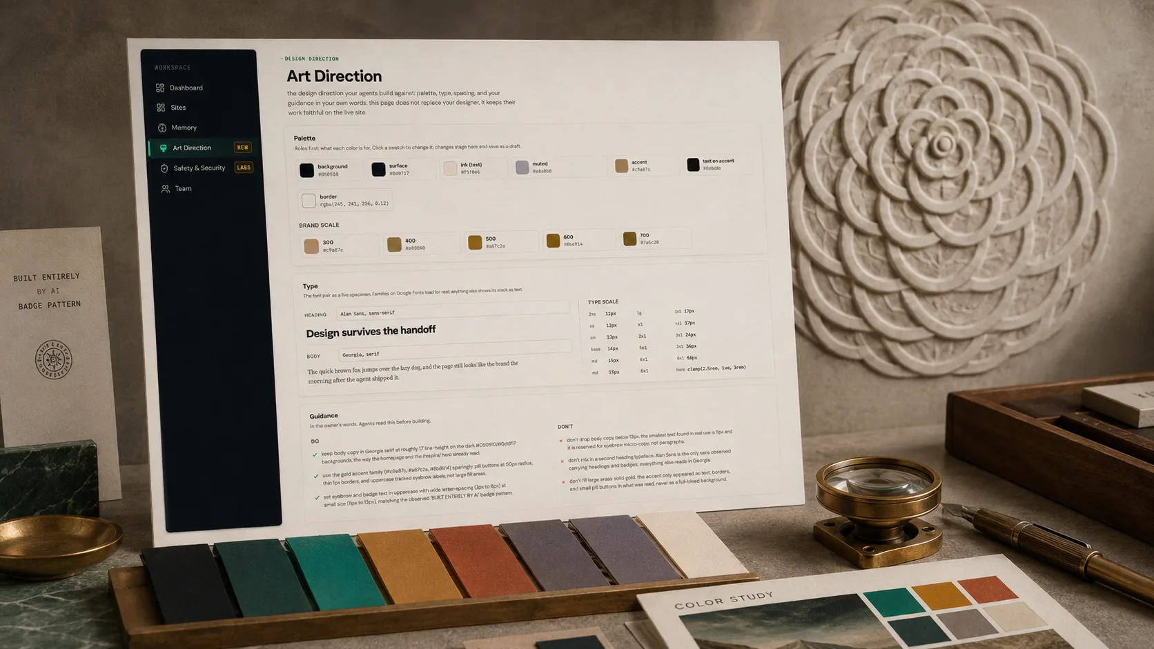 The Art Direction guidance panel showing DO and DON'T rules beside a tray of color study swatches and a carved mandala relief