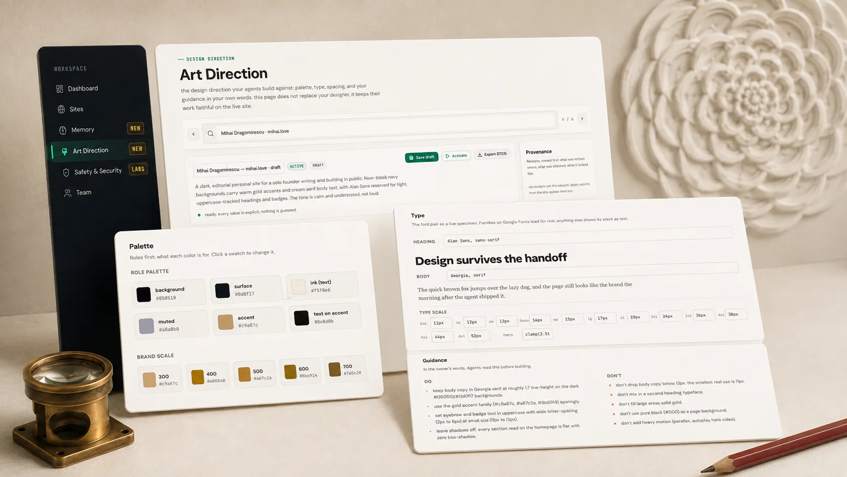 Layered cards showing the Art Direction palette, type specimen and guidance panel beside the dark workspace sidebar, propped on a desk