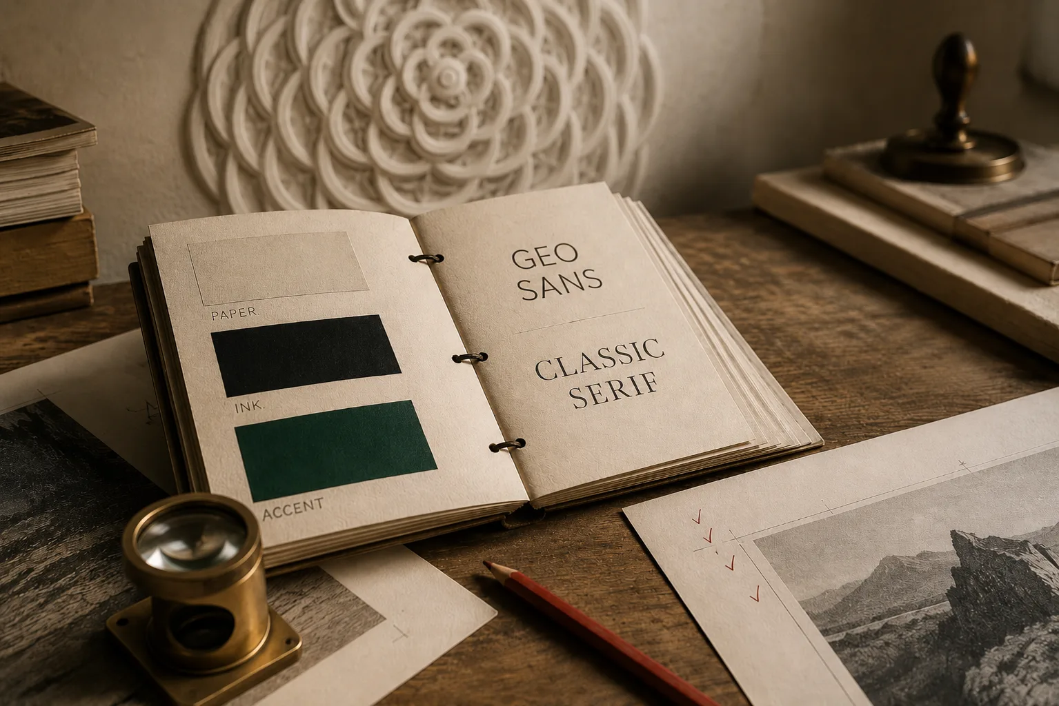 An open ring-bound swatch book with paper, ink and accent color chips on one page and GEO SANS and CLASSIC SERIF type specimens on the other