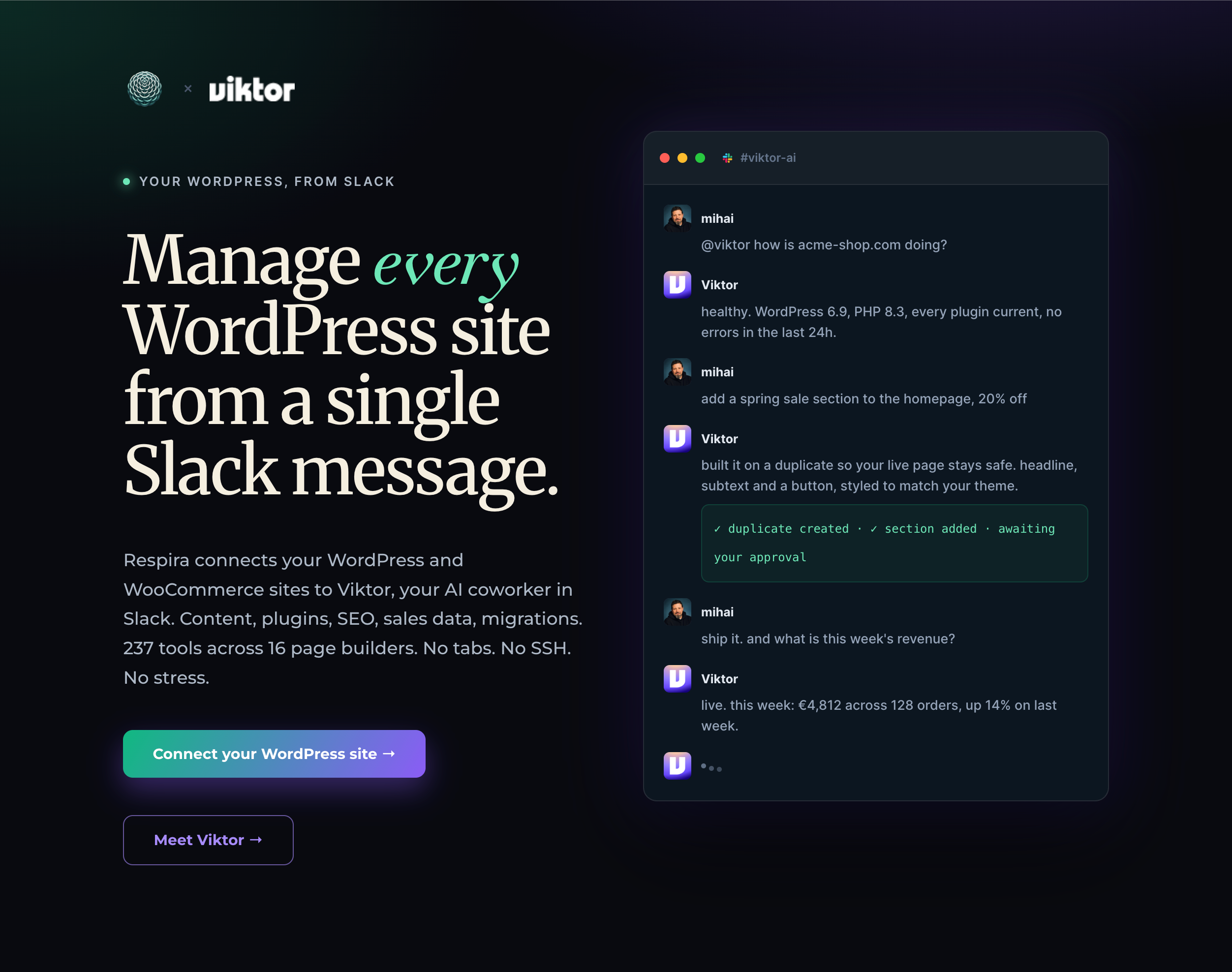 A Slack channel where Viktor reports a WordPress site is healthy, builds a sale section on a duplicate page and holds it for approval, then reports the week's WooCommerce revenue