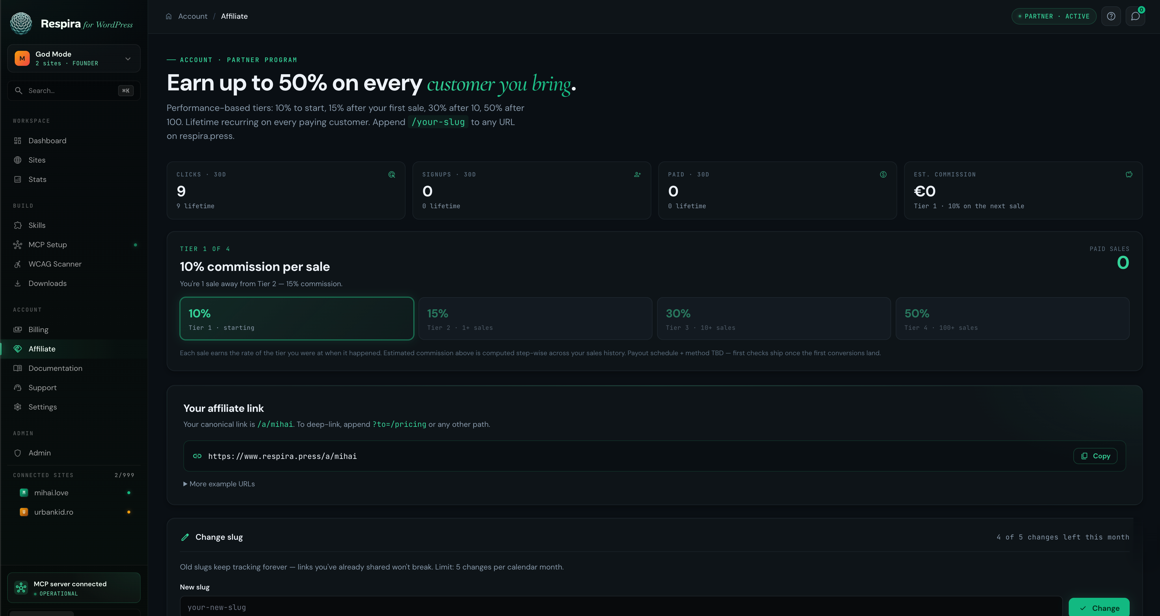 Respira partner program page: hero 'Earn up to 50% on every customer you bring', tier breakdown showing 10% / 15% / 30% / 50% commission tiers based on lifetime sales, affiliate link card with deep-link instructions, and a Change slug card showing 4 of 5 monthly changes remaining.