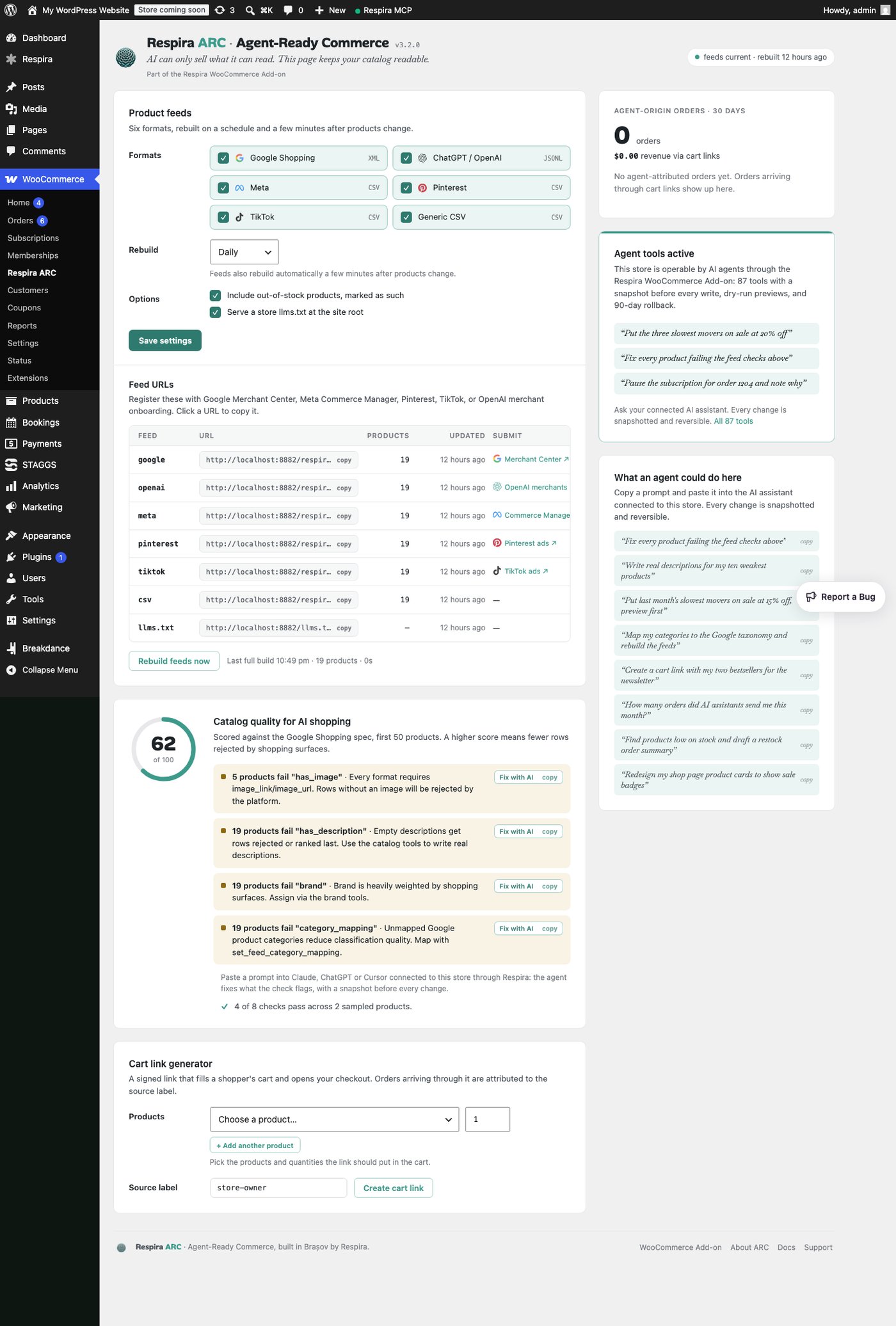 The Respira ARC screen inside the add-on at v3.2: feeds, quality score with Fix with AI, agent prompt ideas, cart links, agent-origin orders