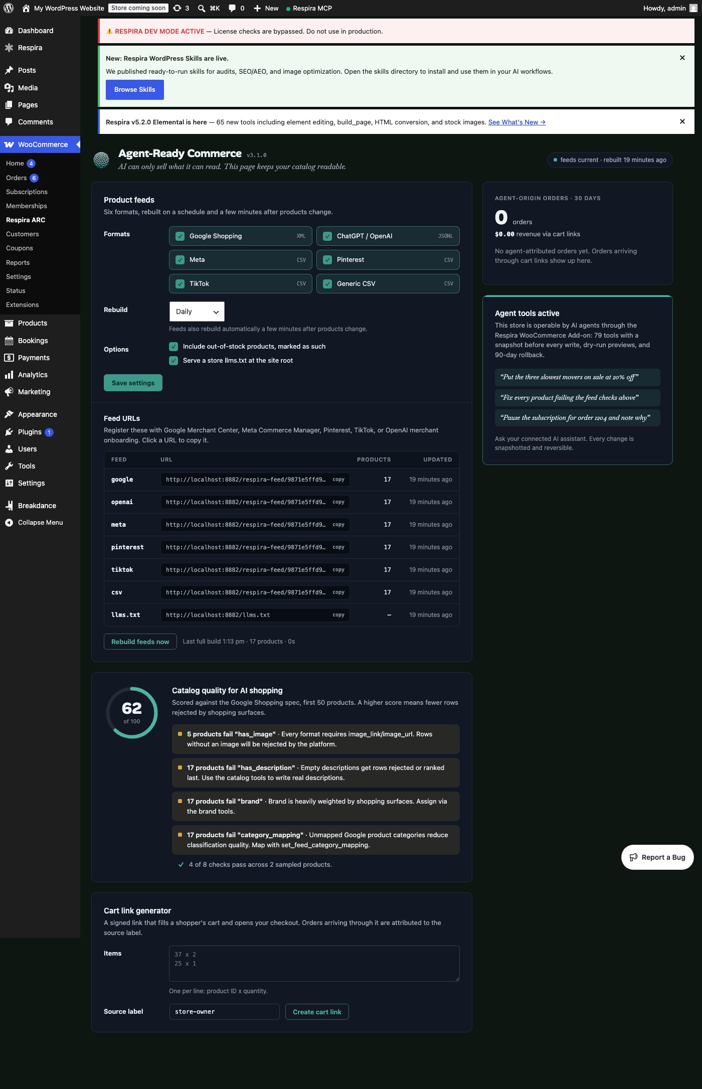 The Respira ARC screen inside the add-on: feeds, quality score, cart links, agent-origin orders