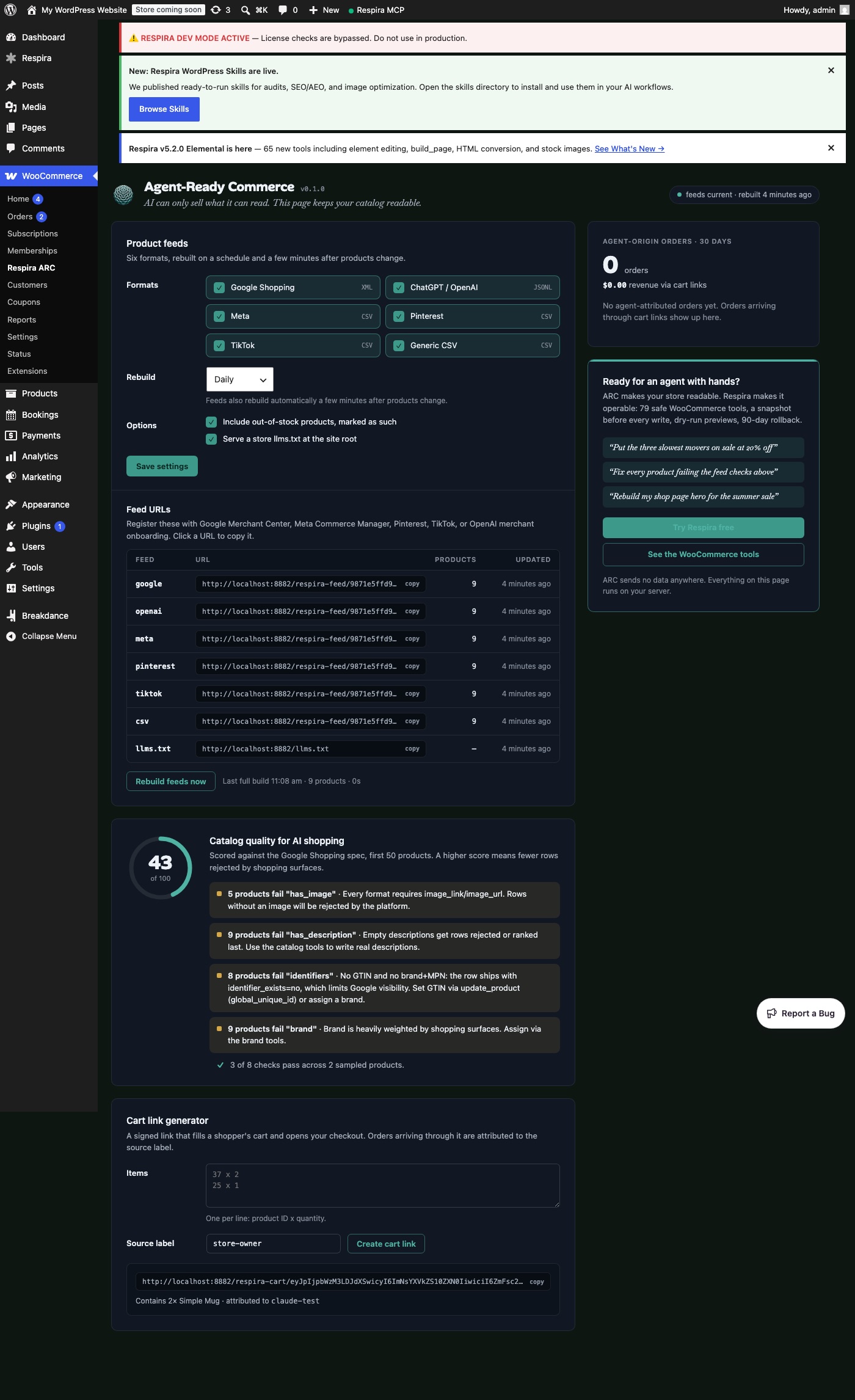 The Respira ARC admin screen: feed formats, feed URLs with copy buttons, catalog quality score, cart link generator