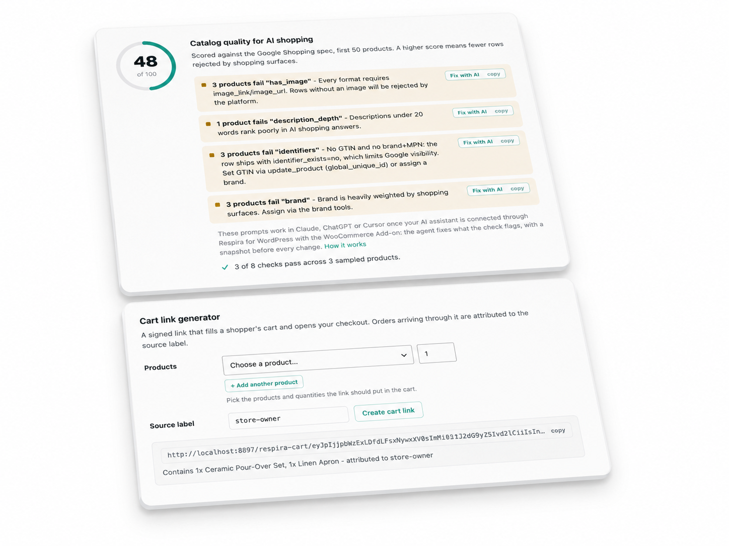 Respira ARC catalog quality score for AI shopping, with the exact failing checks, and the signed cart link generator