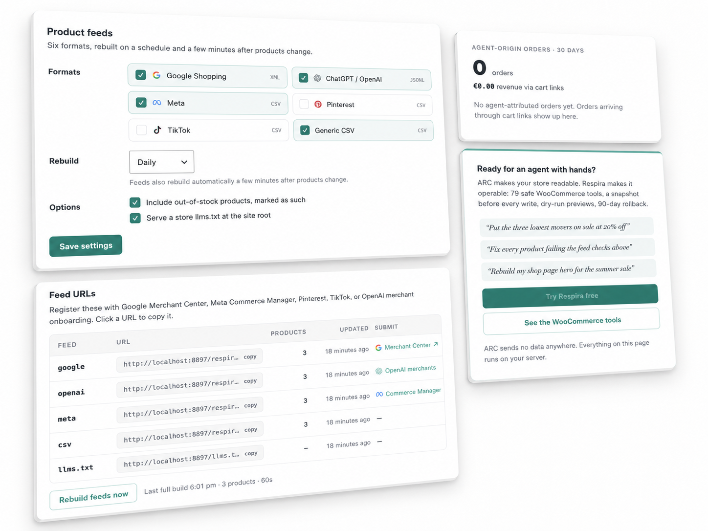 Respira ARC product feeds: six formats you can toggle, the feed URLs to register with each platform, and an agent-origin orders card