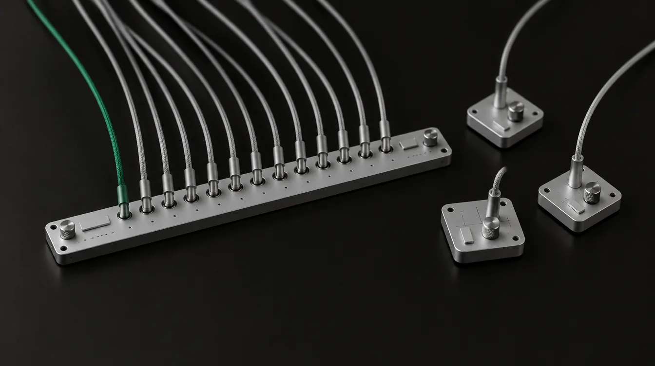 A machined aluminium patch bay with a cable in every jack, one of them emerald, beside three small single-jack pucks with one cable each.
