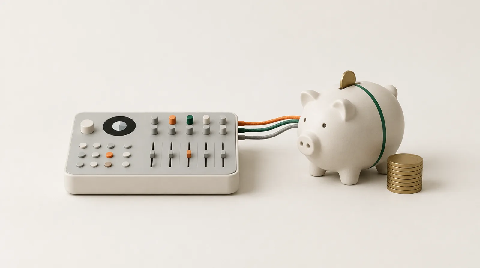 A small cream console in the Respira AER style, wired by three cables to a ceramic piggy bank with an emerald stripe, a coin halfway into its slot and a stack of brass coins beside it
