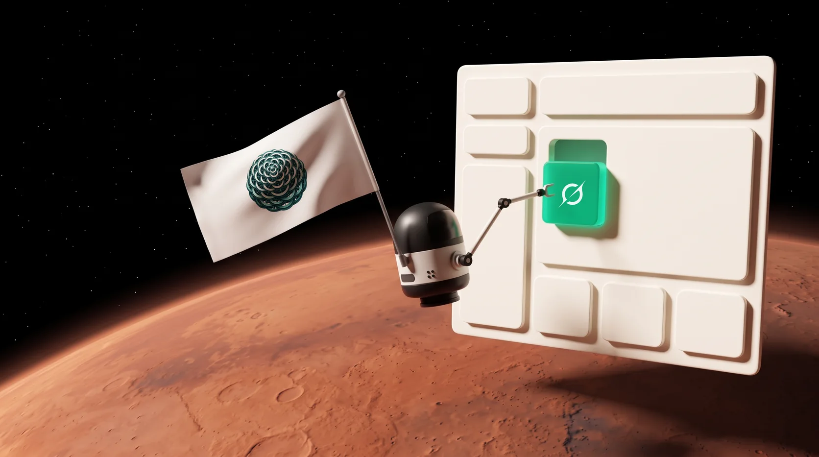 A small black and white probe in orbit above Mars carries a white flag with the Respira mark and, with a slim robotic arm, sets a glowing green block bearing the Grok mark into a cream website page