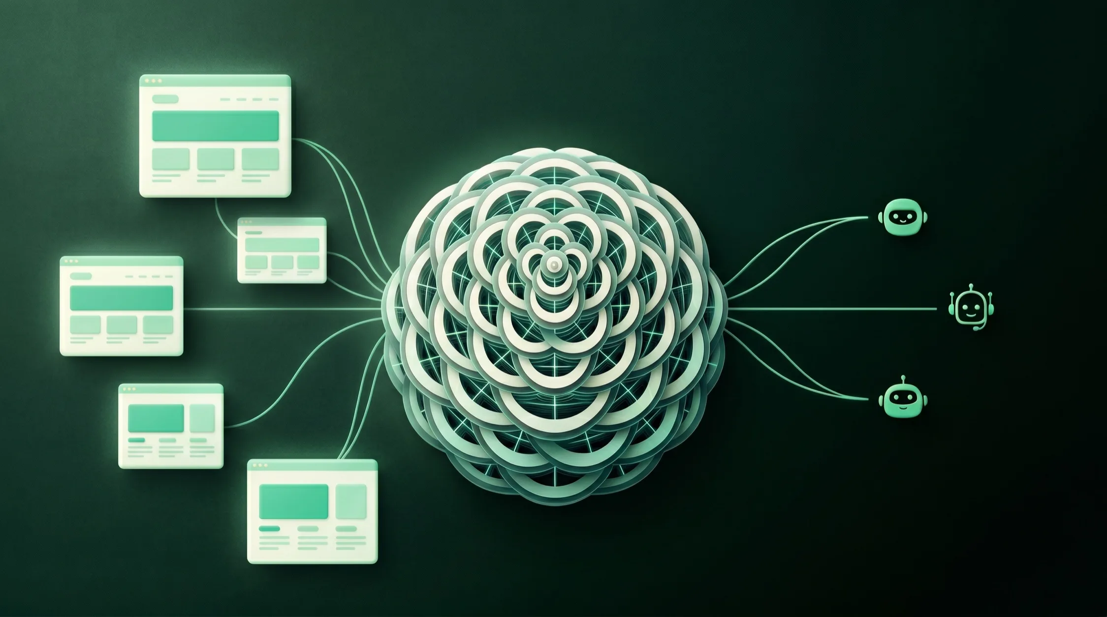 Several WordPress site windows on the left connect through glowing threads into a central Respira mandala, which then connects out to three AI assistants on the right.