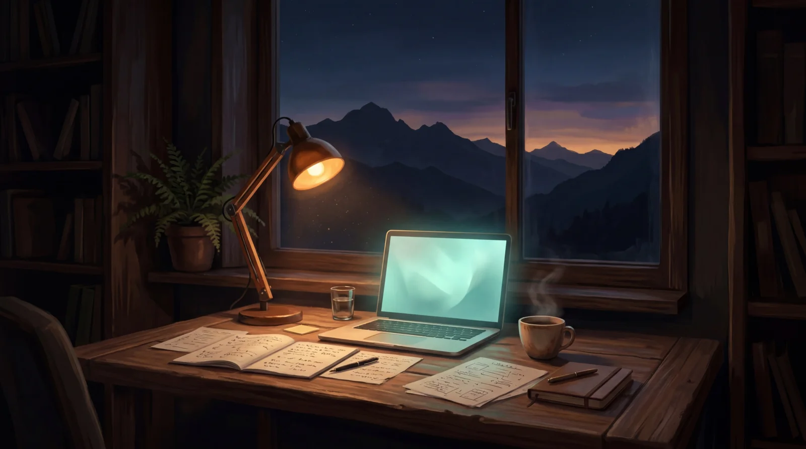 A desk at night in Brașov — laptop, notes, coffee, mountains through the window