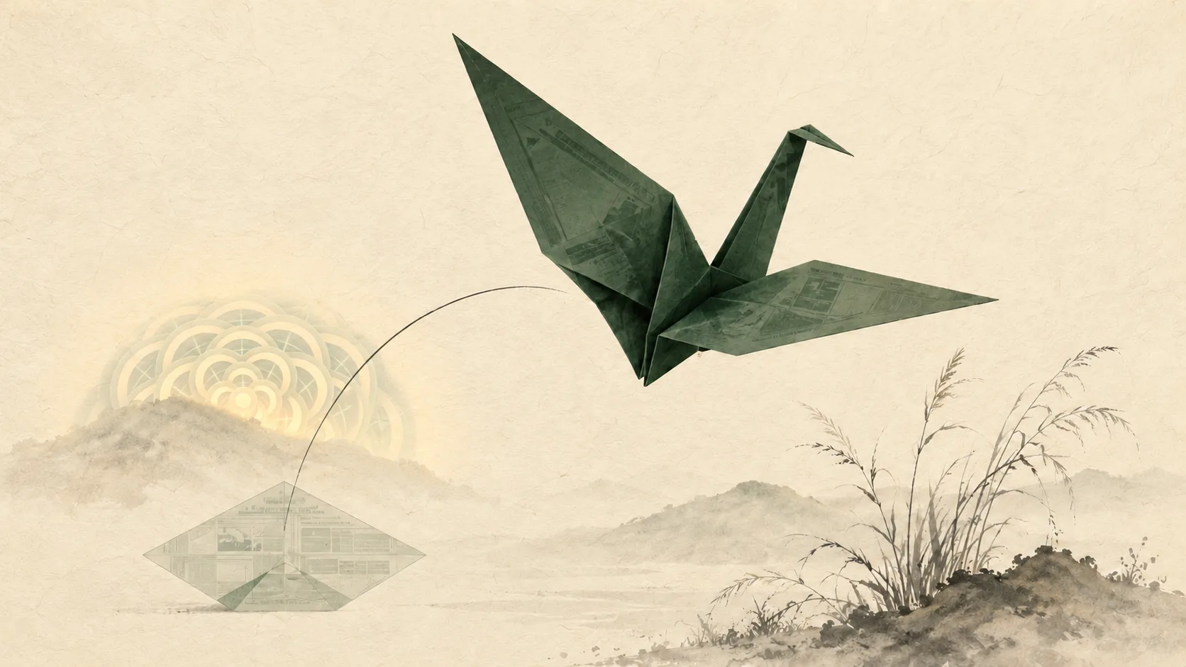 A green origami crane lifting off from a folded-paper origin over a soft rising sun, in ink-wash style.