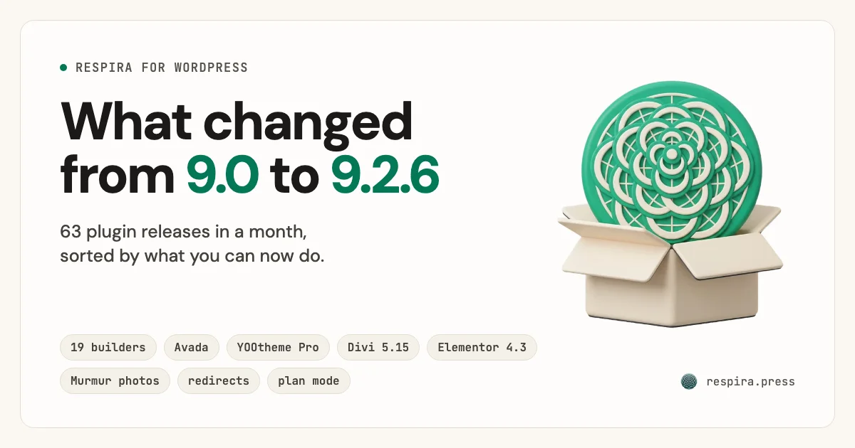 A Respira card on warm paper: What changed from 9.0 to 9.2.6, 63 plugin releases in a month, with the Respira mandala rising out of an open box