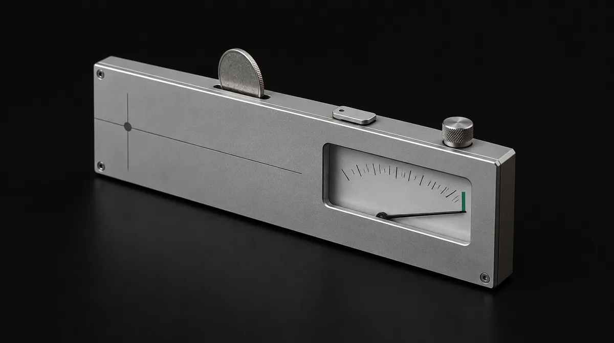 A thin aluminium meter with its needle pinned against the end stop and a coin half inserted in its slot.