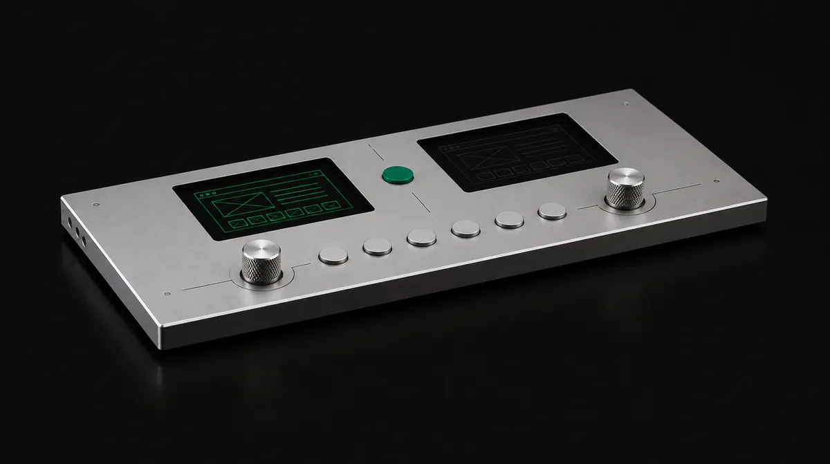 A thin aluminium device with two screens: the draft page is lit in emerald, the live page is dim, and a small emerald approve key sits between them.