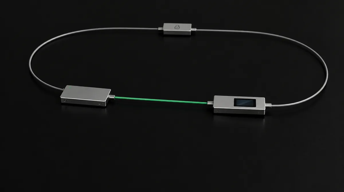 Two small aluminium modules joined directly by a straight emerald cable, while a grey cable loops far away through a third, padlocked module before coming back.