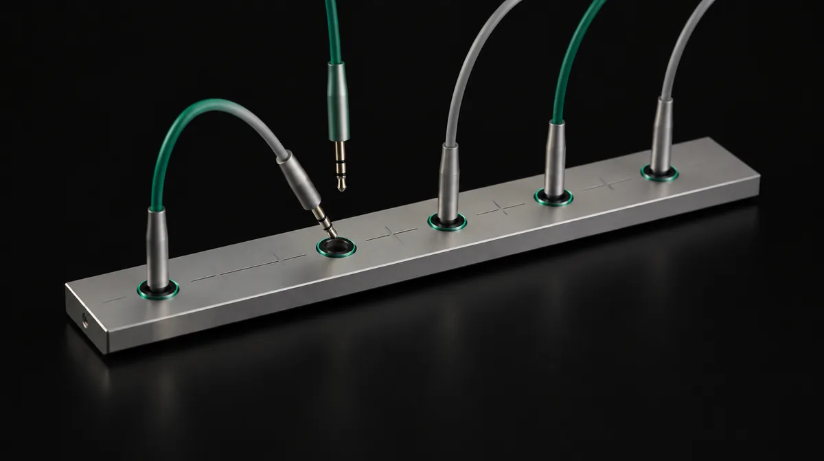An aluminium patch bay with five jacks: one cable comes out while a different plug hovers over the same jack. The jacks stay, the cables change.