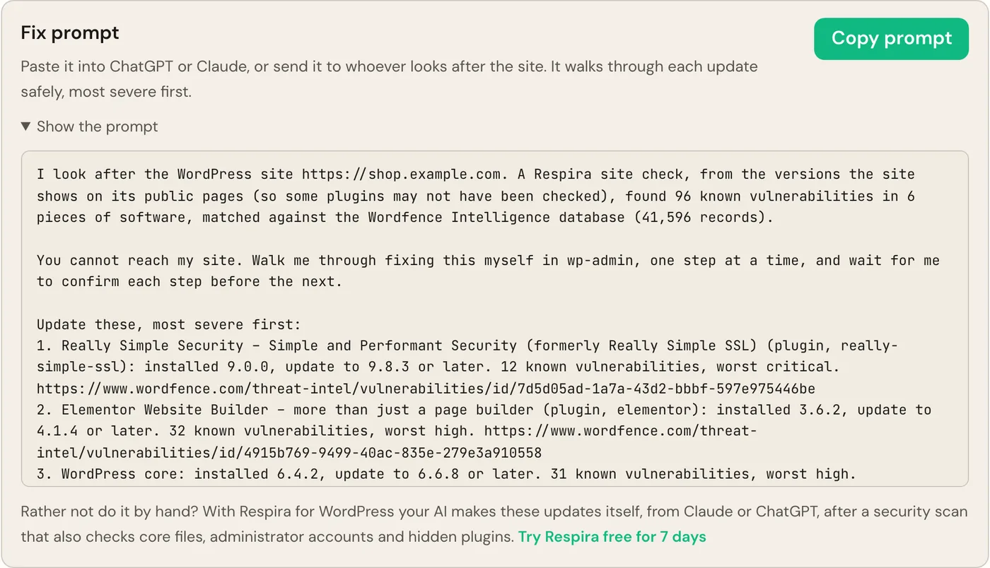 The fix prompt for shop.example.com with a Copy prompt button. It lists Really Simple Security 9.0.0 to update to 9.8.3, Elementor 3.6.2 to update to 4.1.4 and WordPress core 6.4.2 to update to 6.6.8, each with its Wordfence record link