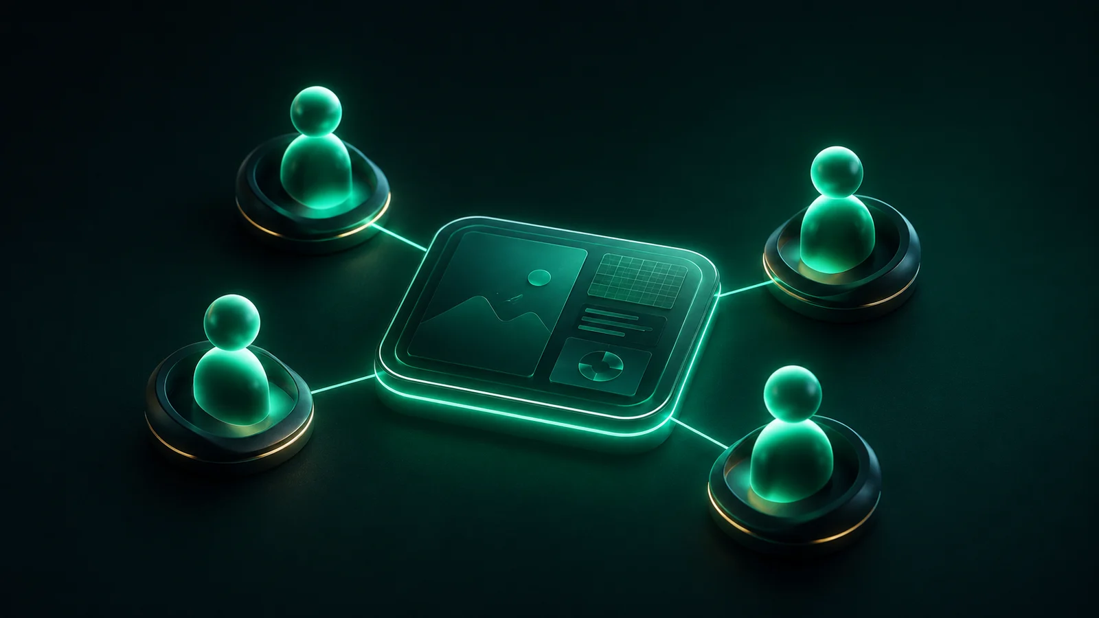 four glowing figures connected by light to a single Respira interface tile