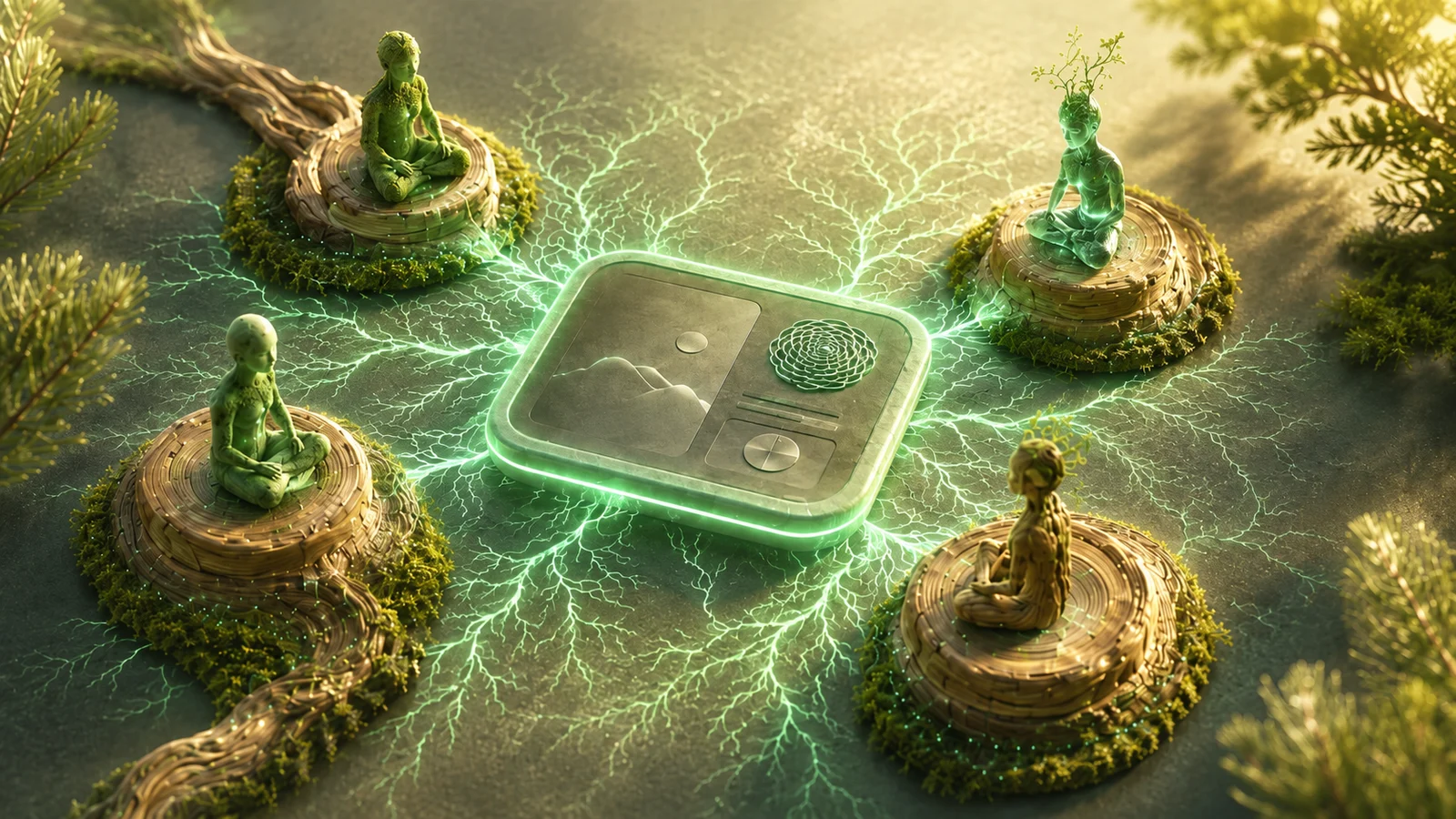 Four figures, each seated on their own island of moss and wood, connected by threads of green light to one shared Respira interface at the centre