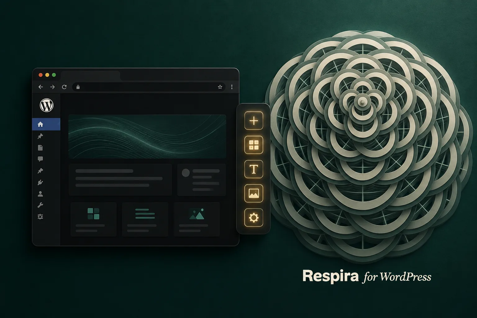 A browser window showing a WordPress admin next to a glowing column of site tools, beside the Respira mandala on a deep emerald background.