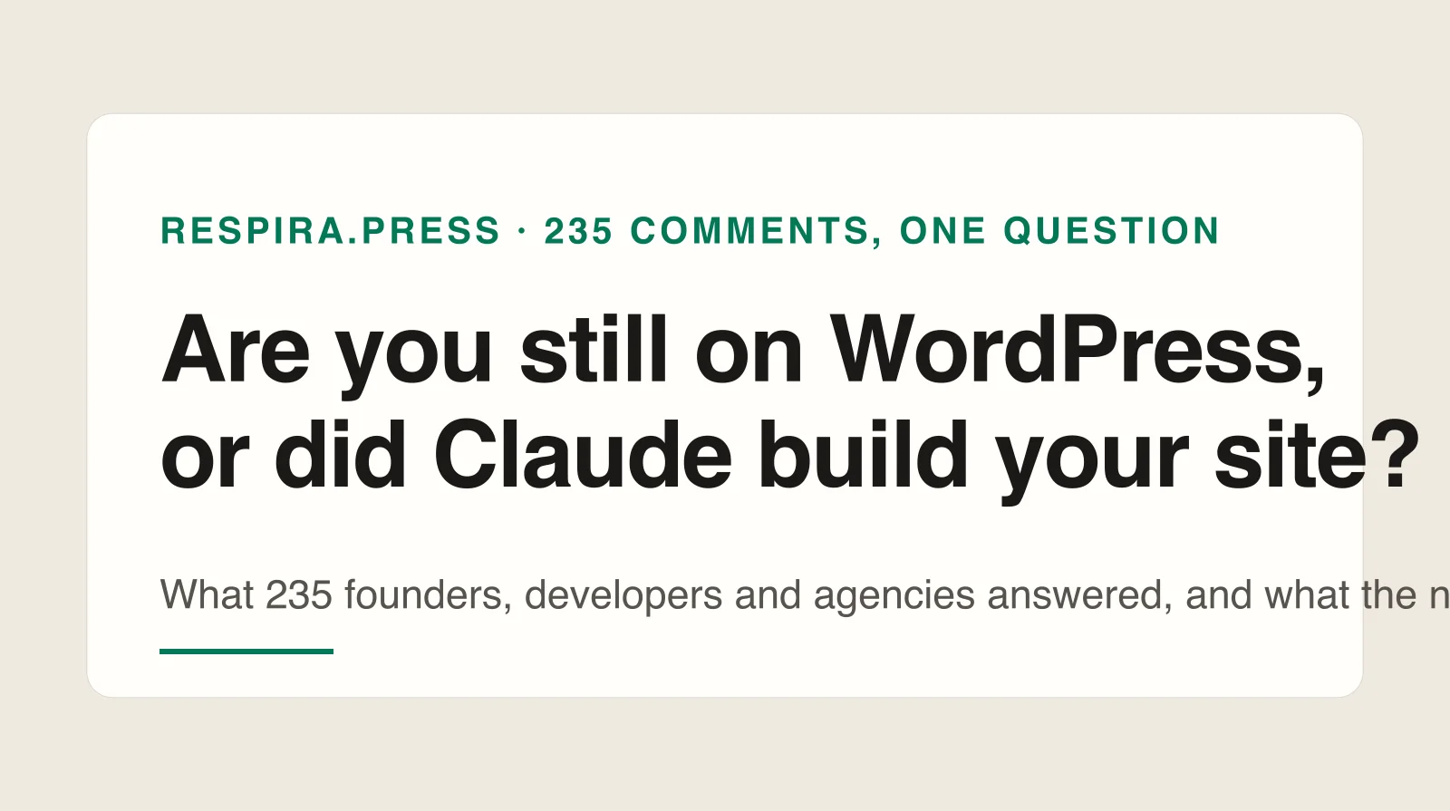 A paper card with the question: are you still on WordPress, or did Claude build your site?