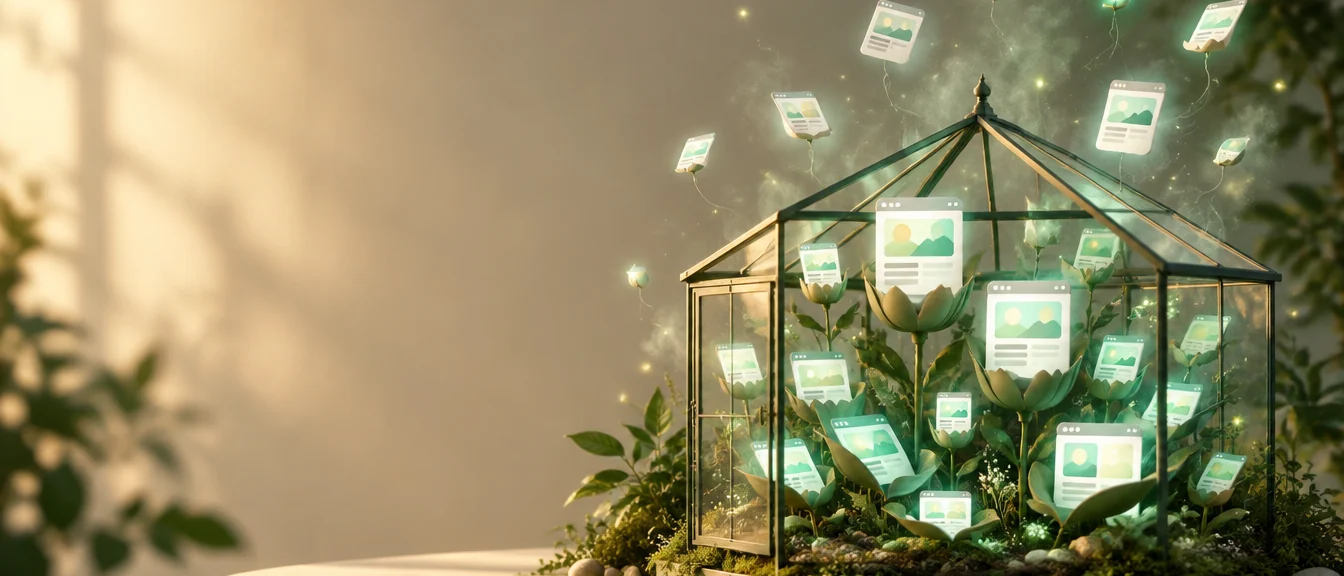A small glass greenhouse on a warm plaster table where tiny glowing website windows grow like flowers and drift up like seeds