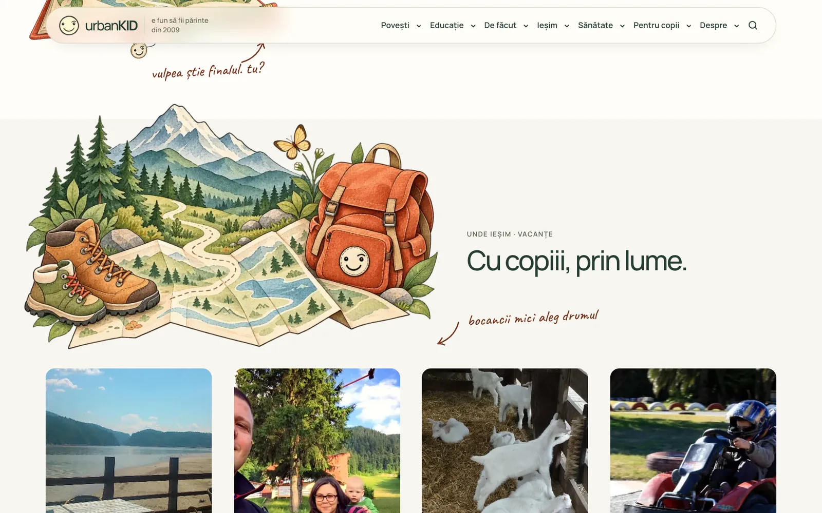 The UrbanKID travel section: a watercolor map, hiking boots and a backpack beside the heading, with a handwritten note
