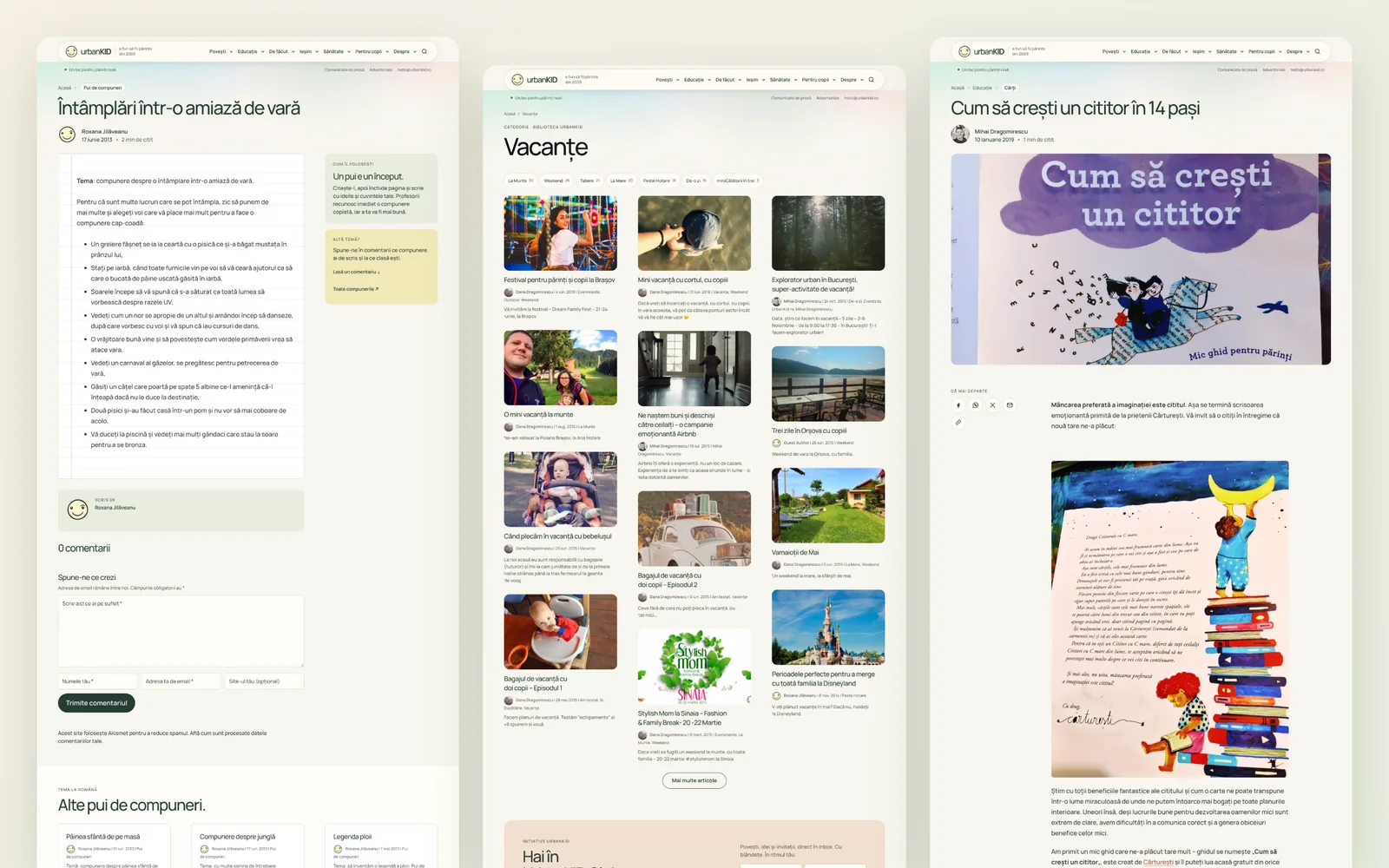 Three UrbanKID layouts side by side: a school composition on a notebook page, the holidays category as a photo grid, and an illustrated article about raising a reader