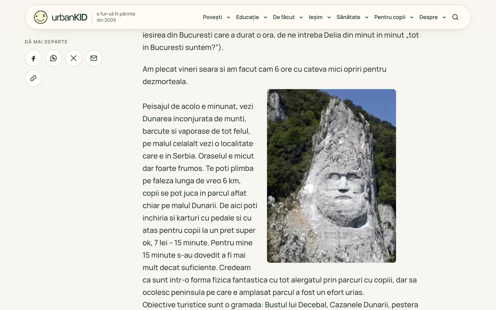 A 2015 UrbanKID travel article about Orșova, its text now in real paragraphs around a photo of the Decebalus rock sculpture