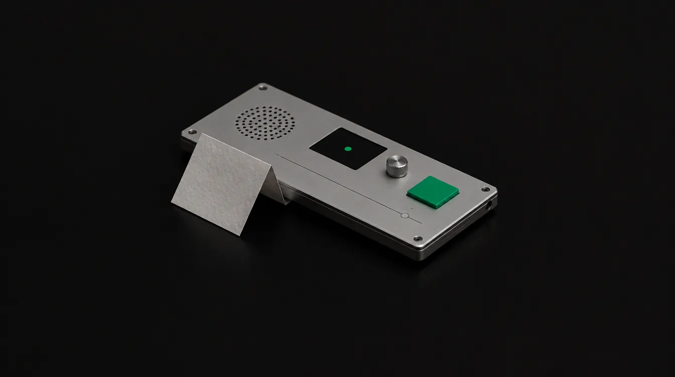 A thin aluminium desk intercom with a green key and a small folded note