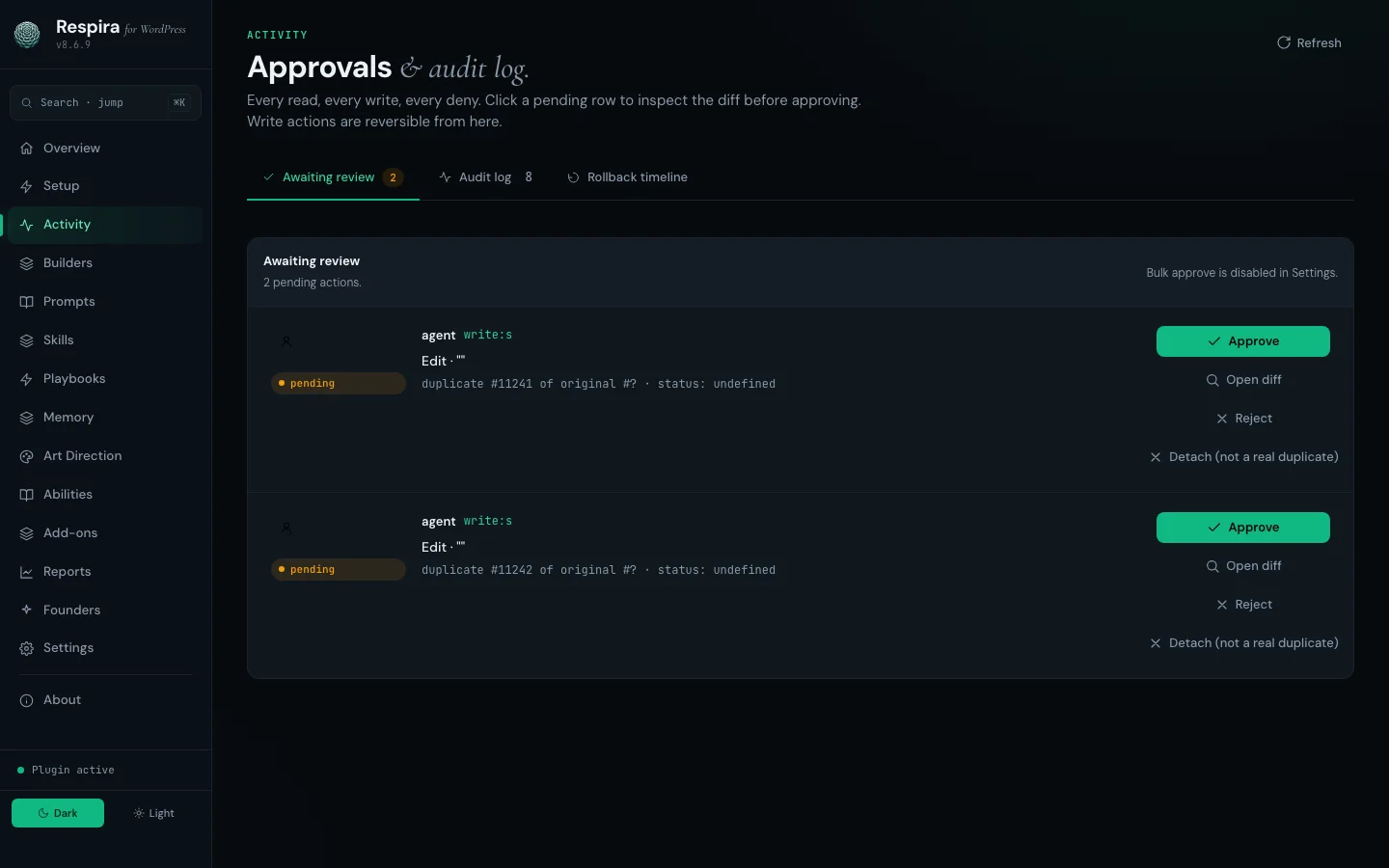 The Activity screen of the Respira plugin inside WordPress
