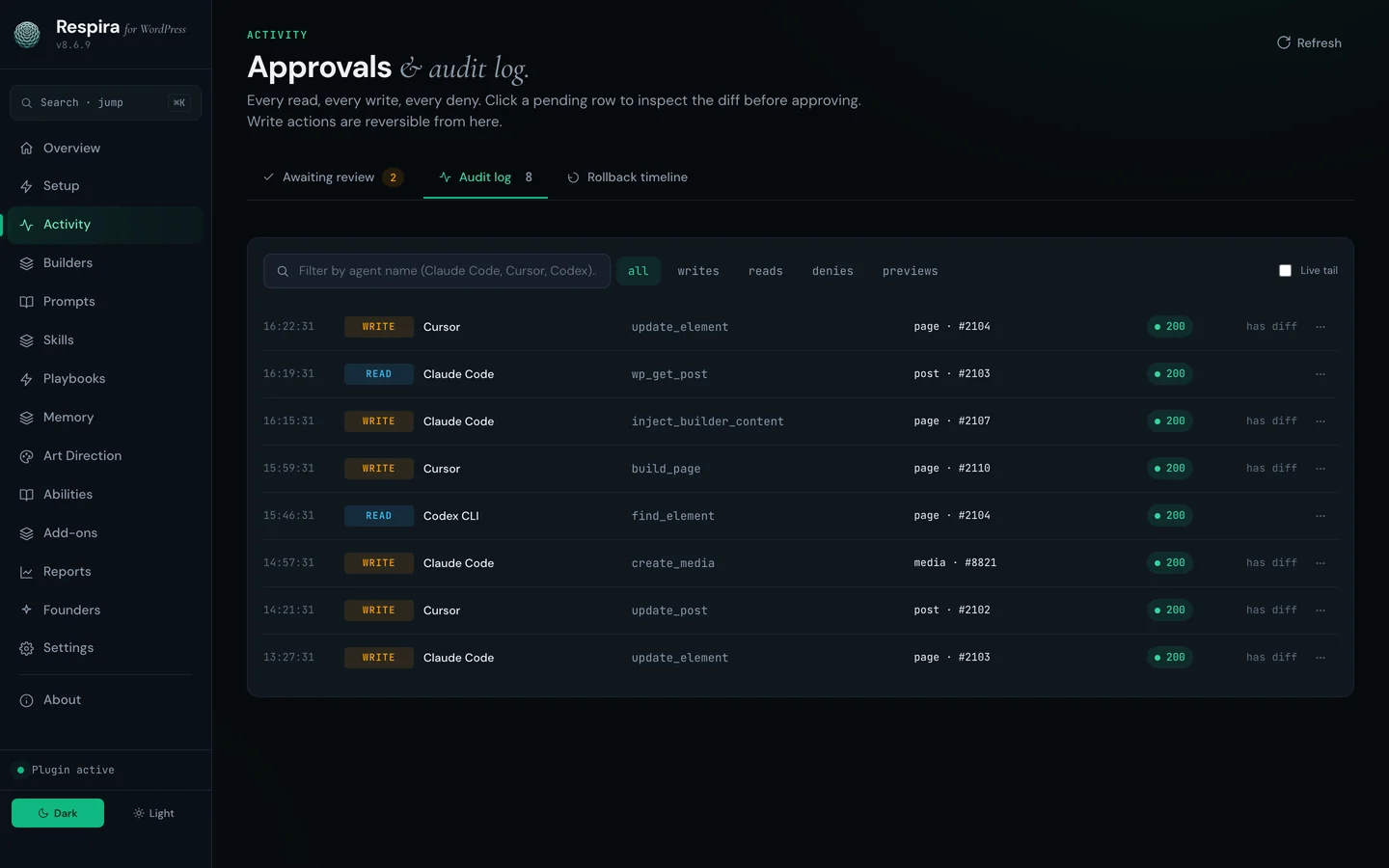 The Audit log screen of the Respira plugin inside WordPress