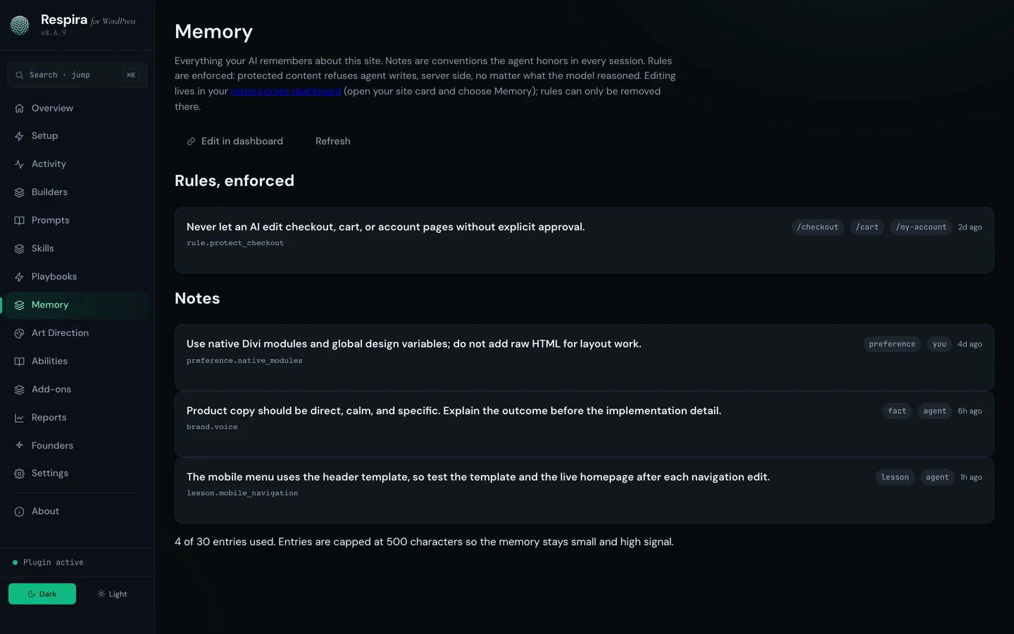 The Memory screen of the Respira plugin inside WordPress