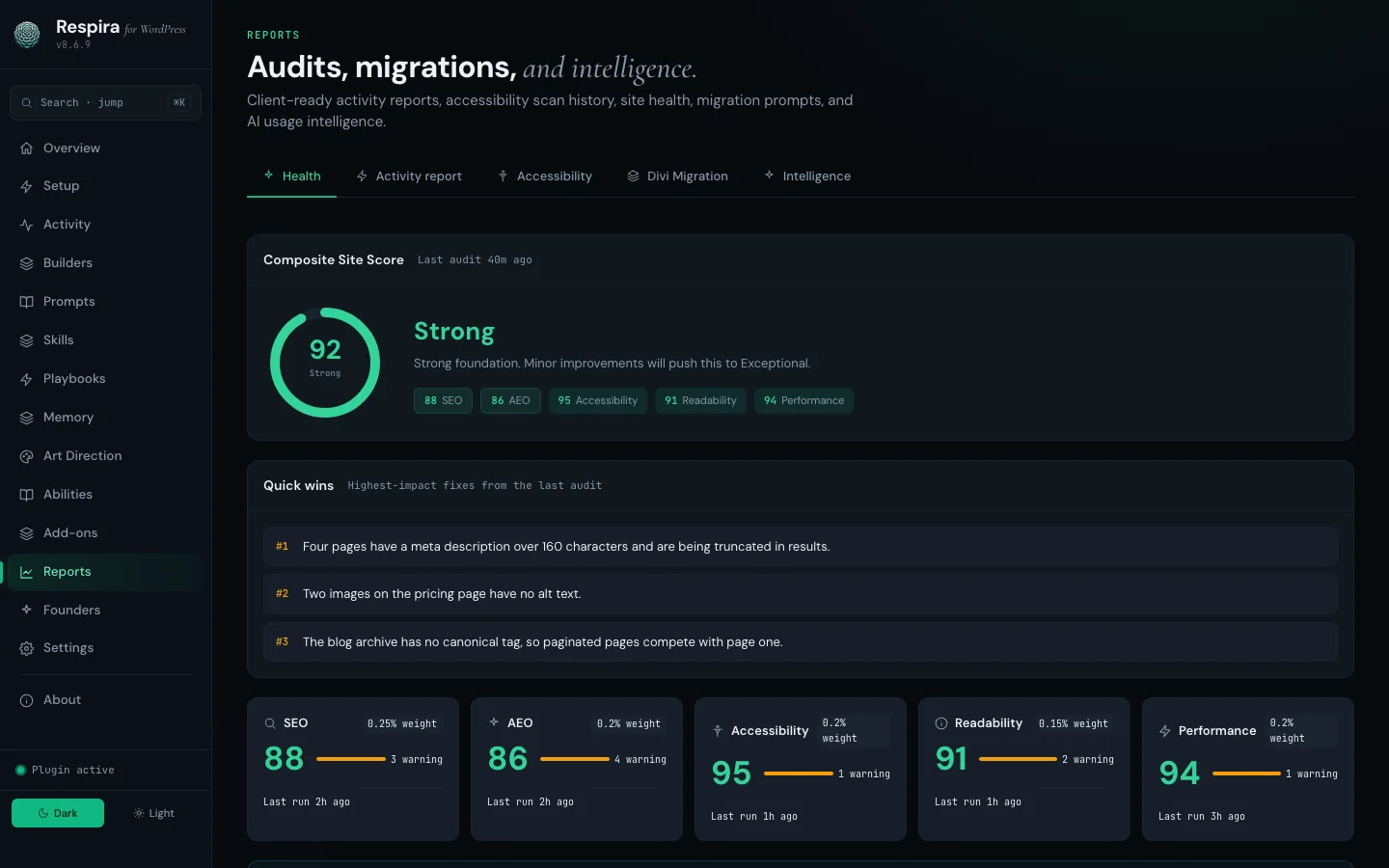 The Reports screen of the Respira plugin inside WordPress