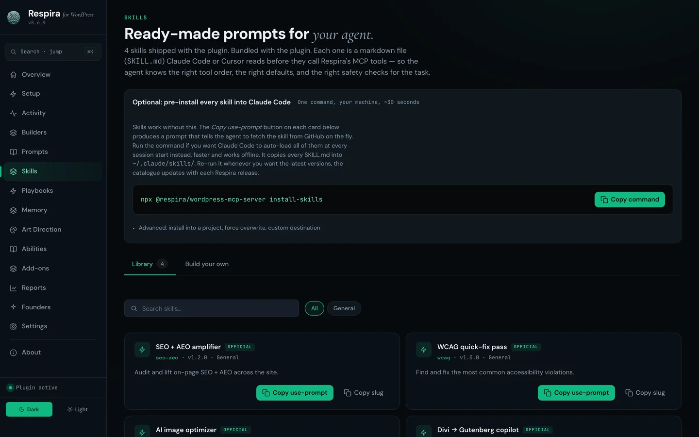 The Skills screen of the Respira plugin inside WordPress