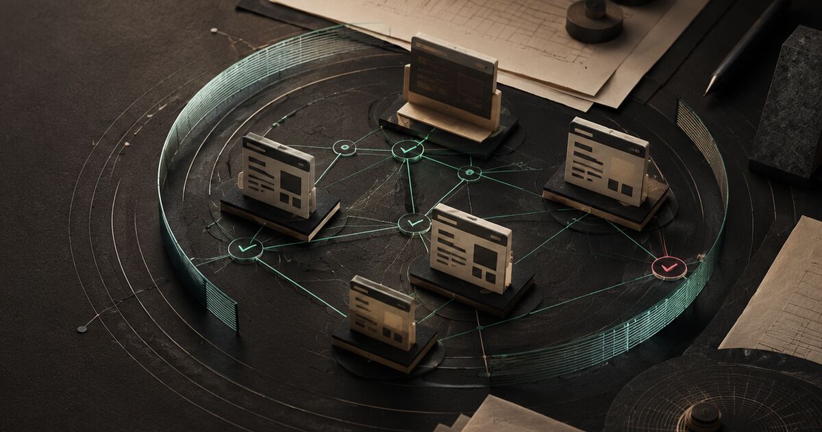 WordPress pages on a desk, joined by lines with check marks, inside a glass ring