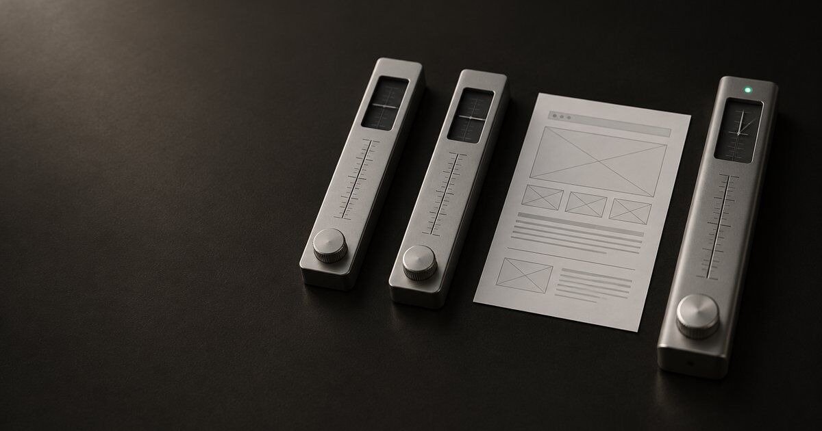 Three aluminium measuring instruments beside a printed page wireframe